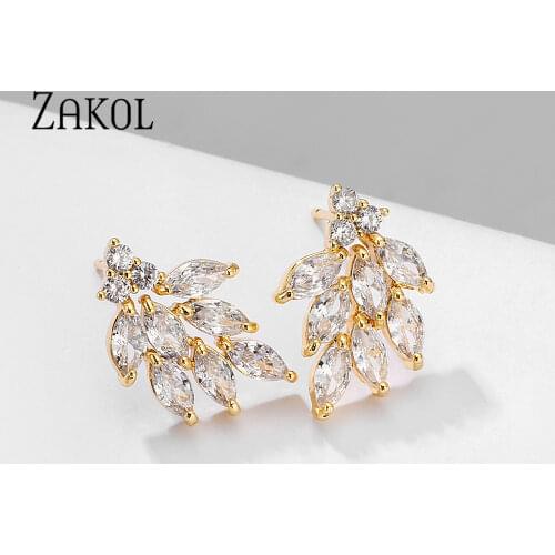 ZAKOL 2021 New Shiny Marquise Cut Leaf Cubic Zirconia CZ Crystal Stud Earrings for Women Fashion Brides Wedding Jewelry EP2922