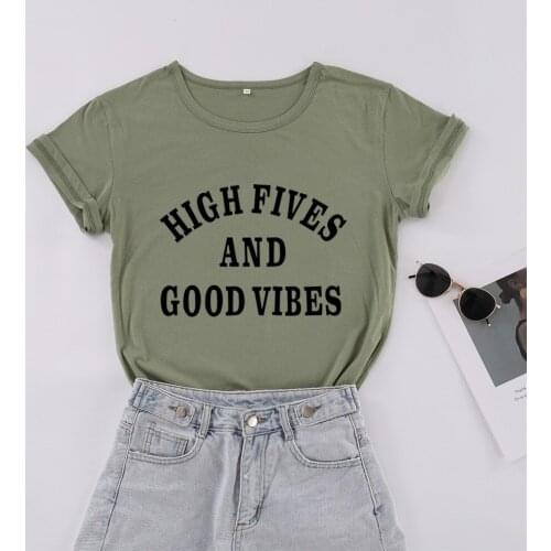 High five and good vibes chirst faith believed blessed tshirts 100% cotton o-neck short sleeve t-shirts cute funny top tee women