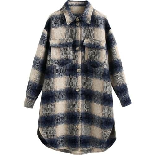 Women 2021 Fashion With Pockets Oversized Plaid Jacket Coat Vintage Long Sleeve Side Vents Female Outerwear Chic Tops