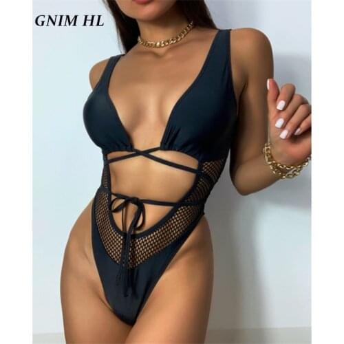 GNIM Black Swimwear Women One-Piece Hollow Out Bandage Mesh Swimsuit Female High Waist Backless Womens Swimming Suit Biquini