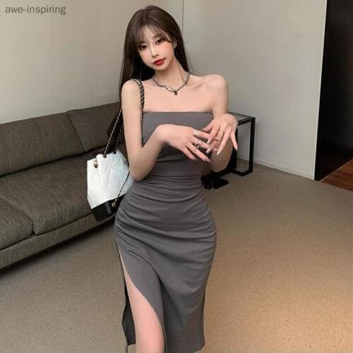 2021 Summer New Tube Top Dress Feminine Temperament Strapless Slits Slim Waist Slimming Bag Hip Western Style Mid-length Trend