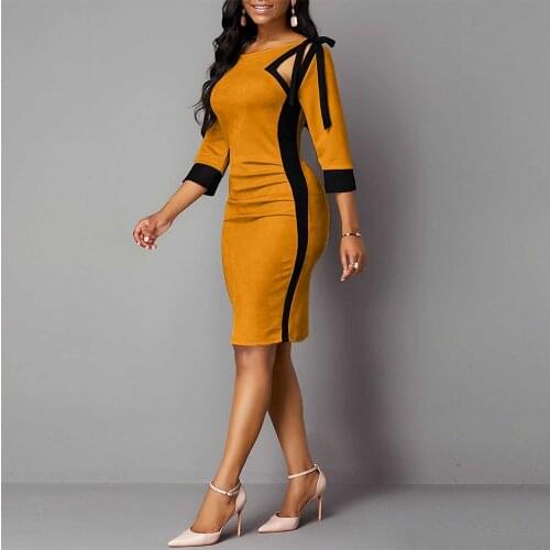40# Womens Hollowed-Out Dresses Patchwork Three-Part Sleeve O-neck Round Hip Dress Office Ladies Stitching summer dress платье