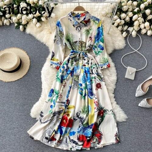 Women Retro Print Pleated Dress Turndown-Collar Button A-line Dresses Spring Bohemian Vacation Midi Dress