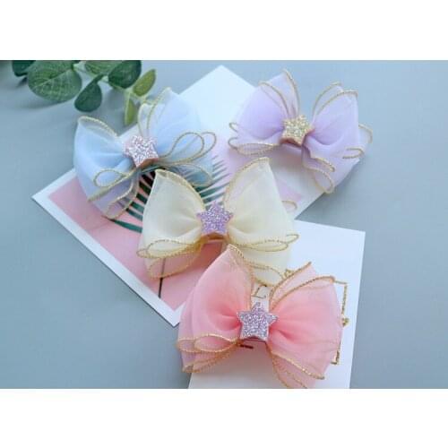 15 pcs/lot, Women Girls Gold Trim Organza Hair Bow Clips with glitter Star center