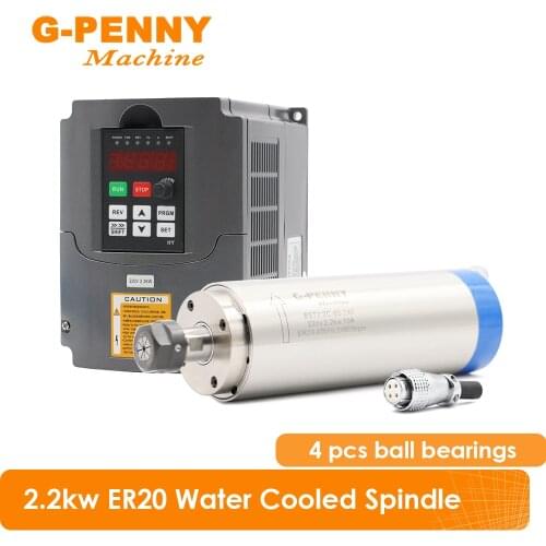 2.2KW ER20 220v/380v Water cooled spindle motor 400Hz Diameter 80mm*230mm 4 pcs creamic bearings & 2.2KW HUANYANG Inverter