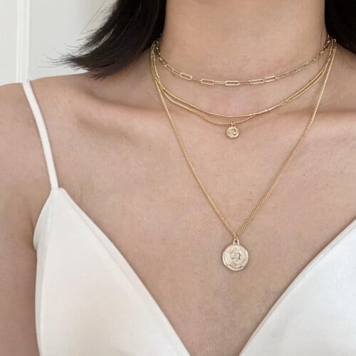 AOMU Korea Fashion Round Geometric Necklace Coin Portrait Pendant Collarbone Chain Choker For Women Men Jewelry Party