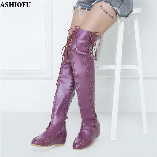 ASHIOFU New Handmade Womens Thigh Heel Boots Cross Shoelace Night-club Party Prom Boots Sexy Fashion Evening Long Boots Shoes
