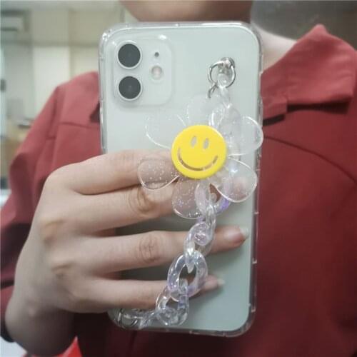 Cute 3D Smile Flower Bracelet Phone Case For iPhone 11 12 Pro MAX 8 7Plus XS SE20 XR Sunflower Clear Soft Cover Wrist Chain Capa