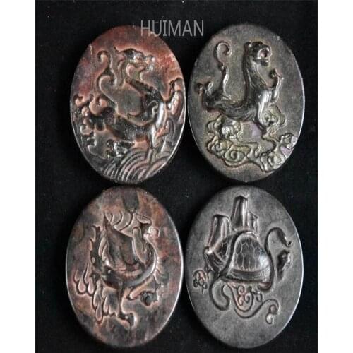 Home Decoration Hongshan Culture Archaize Black Iron Meteorite Sculpture Round Four Great Beasts Bi Statue Handicraft