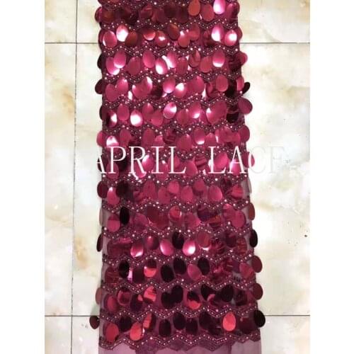 HOT sale 5yards TOP02 # dark red big sequin sexy african party dress mesh tulle lace fabric for occasion/ sawing wedding dress