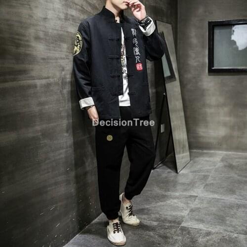 2021 men cotton linen set mens tang suit jackets +pants male kung fu traditional chinese men wushu tai hanfu wu shu kung fu sets