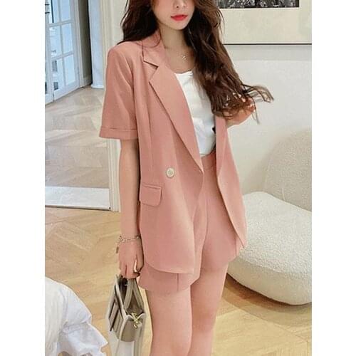 Summer New Women Pant Suit Notched Blazer Jacket & Short Pant Office Wear Female 2 Piece Sets