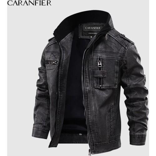 CARANFIER Mens Leather Jackets Motorcycle Stand Collar Zipper Pockets Male US Size PU Coats Biker Faux Leather Fashion Outerwear