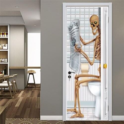 Skeleton Reading A Newspaper 3D Door Sticker Self-adhesive Waterproof DIY Home Decor Wallpaper For Doors Living Room Renew Mural