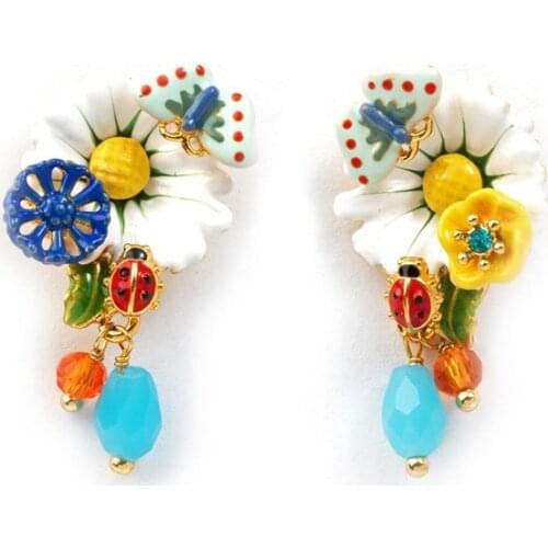 New small daisy butterfly ladybug stud earrings earrings enamel glaze crafts 925 silver needle personalized earrings