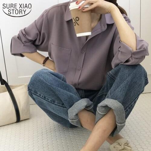 Solid Womens Shirts 2021 Autumn Solid Long Sleeve Chiffon Blouse Plus Size Single Breasted Tops Feminine Casual Cardigan 11364