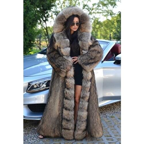 FURSARCAR Luxurious Winter Fur Coat Women Real Natrual Raccon Dog Fur Jacket With Hood 130cm X-Long Plus Size 2020 New