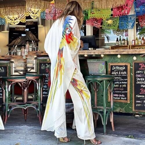 Chiffon Bohemian Dress Bikini Cover-Up Kaftan White Dress Plus Size Kimono Beachwear Print Tunic For Beach Swimsuit Cover Up