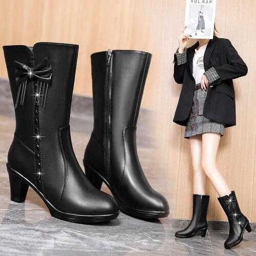 New Rhinestones Bow genuine leather boots Winter Shoes Woman Snow Boots 2021 Large Size High Heels Knee High Boots Women Boots