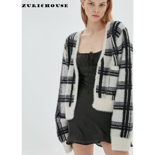 ZURICHOUSE 2021 Mohair Cardigan Sweater Coat Women V-neck Long Sleeve Hit Color Plaid Knit Outwear Chic Pocket Top