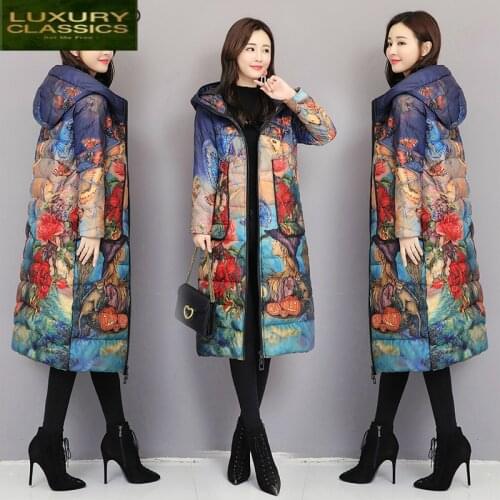 Coats Winter Thick Womens Warm Down Jacket Long Down Parka Plus Size 5XL Print Coat Female Hooded Fashion Clothes LWL1336