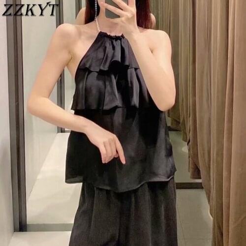 ZZKYT 2021 Women Summer Vintage Black Beading Tank Tops Fashion Sleeveless Backless Overlapping Slim Casual Camis Chic Tops