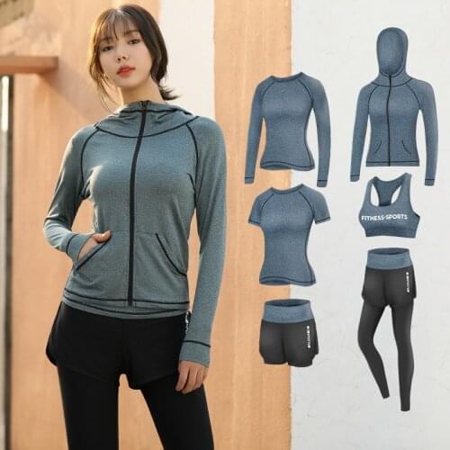 2/3/4/5PCS Womens Sport Suits Fitness Yoga Running Athletic Tracksuits T-Shirt+Bras+Running Shorts+Pants+Hoodies Spring Autumn