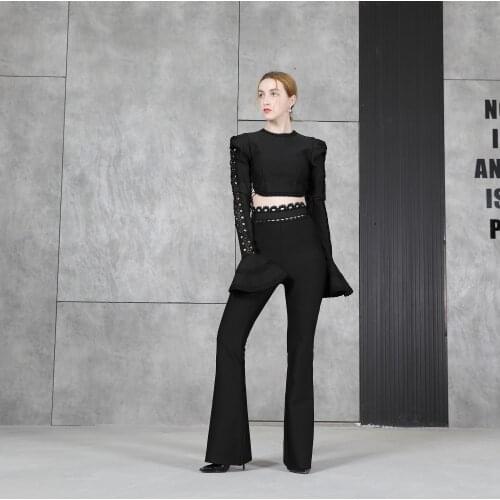 2021 New Womens Bandage Sets Two Piece Set Fashion Wide Leg Long Pants Party Club Sexy Summer 2 Pieces Set Suits