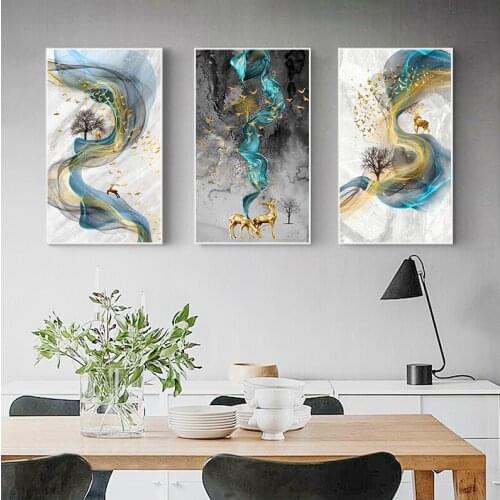 Abstract Golden Deer Painting Big Size Poster Blue Print Gold Wall Art Picture for Living Room Cuadros Canvas Art