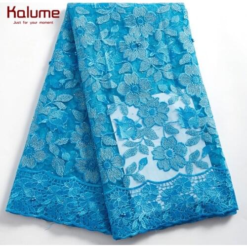 Kalume African Lace Fabric Blue Nigerian Lace Fabric Stones French Lace Fabrics High Quality Dress For Wedding Party Dress F2355