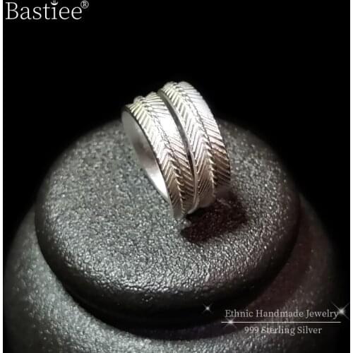 Bastiee 999 Sterling Silver Feather Rings for Women Wedding Engagement Ring Men Finger Handmade Luxury Jewelry Ethnic Jewellery