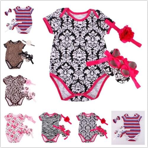 Floral Baby Girl Bodysuits Shoe Hairband Clothes Suit Newborn Jumpsuits Leopard Summer Infant Outfits Cotton Shirts First Walker