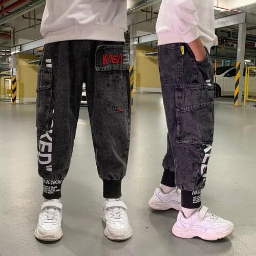 Child Clothes Boys Jeans Toddler Kids Jeans For Baby Boys Splice Denim Elastic Waist Pants Letter Embroidery Teen Boy Jean Black