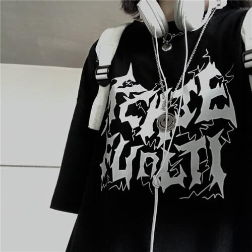 Korean Letter Dark Print Streetwear Harajuku Top Loose Cotton Black Vintage Summer Women T-Shirts Hip Hop Dropshipping Clothes