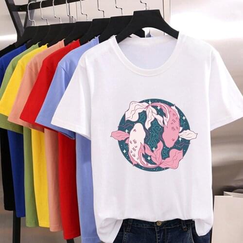 Streetwear Two Pink Wite Carps Frolicking New T shirt Women Oversize Graphic T-shirt Japanese illustration Trendy Casual Tshirt