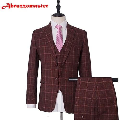 Hot sale Dinner Suit wine red Wedding suit woolblend Blazer Single Breasted Plaid Suit Groom Tuxedos 3psc Formal Suits
