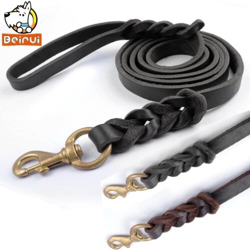Brown/Black Genuine Leather Dog Long Leash Braided Leather Pet Lead Prevent Bite
