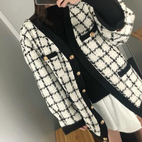 Oversize England Style Womens Medium Length Plaid Jackets Long Sleeve Single Breasted Pockets Fashion Loose Female Open Stitch