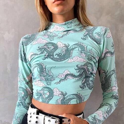 Sexy Women Dragon Zebra Print Crop Top T-shirt Long Sleeve Backless Slim Blouse