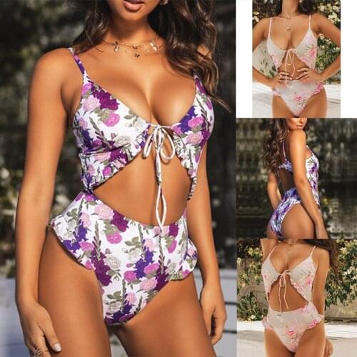 Hot kf-Womens Fashion Sexy Floral Print Lace-Up Sling One-Piece Swimsuit