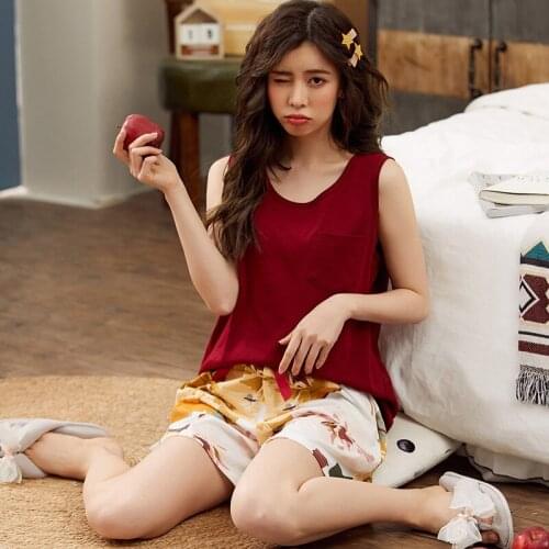 Vest Pajamas Womens Summer Cotton Sleeveless Shorts Two-Piece Summer Solid Color Thin Girls Leisure Tops Fat mm Large Size