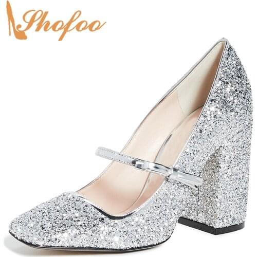 Sweet Mary Janes High Chunky Heels Square Toe Pumps Woman Sequined Cloth Butterfly-Knot Large Size 11 14 For Ladies Shoes Dress