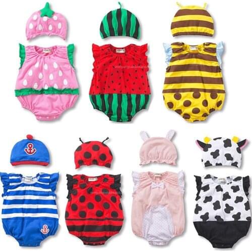 Cute Baby Boy Girl Clothes Cartoon Rompers Cotton Animal & Fruit Pattern Infant Jumpsuit + Hat Set Newborn Baby Costumes