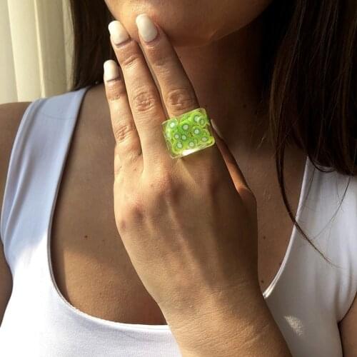 New 2021 Summer Square Design Resin Transparent Ring Fun Fresh Cute Fruit Finger Rings for Women Luxury Jewelry Wholesale Bulk