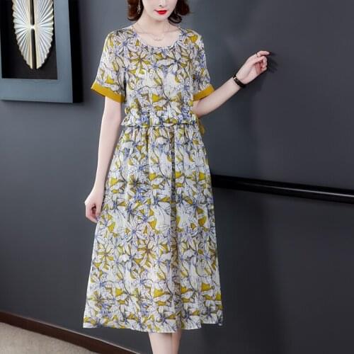 2021 Summer New Style Fashion and Popular Party Floral Round Neck Cotton and Linen Short-sleeved Dress dresses for women
