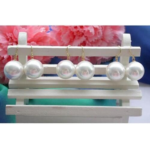 New Arrival Favorite Pearl Earrings 3 Pair 16mm Round White South Sea Shell Pearl Gold Color Dangle Earring Charming Women Gift