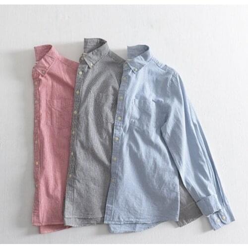 Obrix Cotton Male Basic Shirt Square Collar Loose Striped Pattern Businessman Front Pocket Preppy Style Smart Casual Cloth