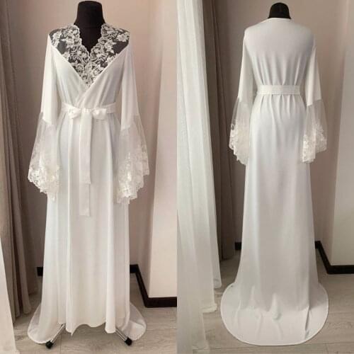 Romantic Bridal Robe with Belt V Neck Lace Wedding Party Dressing Gown Women Bathrobes Bride Boudoir Sleepwear Nightgowns