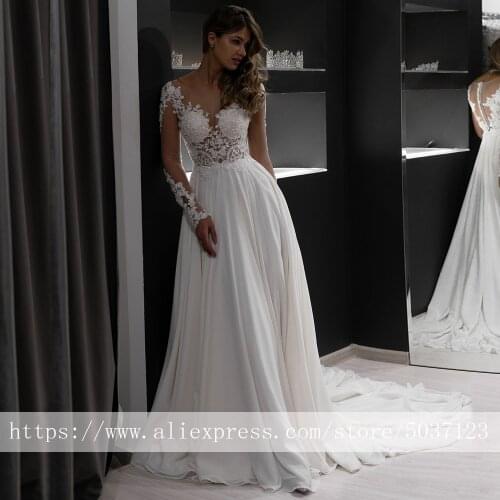Chiffon Long Sleeves A Line Wedding Dress Lace Appliques Beading Bridal Gown Court Train Button Illusion Vestido De Noiva