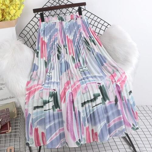 Chic Digital Print A-Line Skirt Spring New High Waist Mid-Length Pleated Skirt Female Fashion Vintage Korean Style Saias zh089
